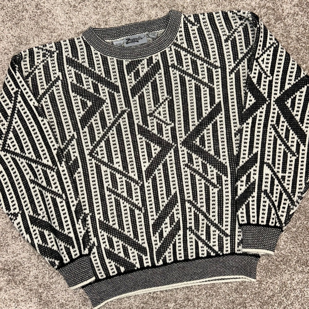 Vintage Zeppelin 90s Geometric Knit Sweater Men Large Black Abstract Crewneck